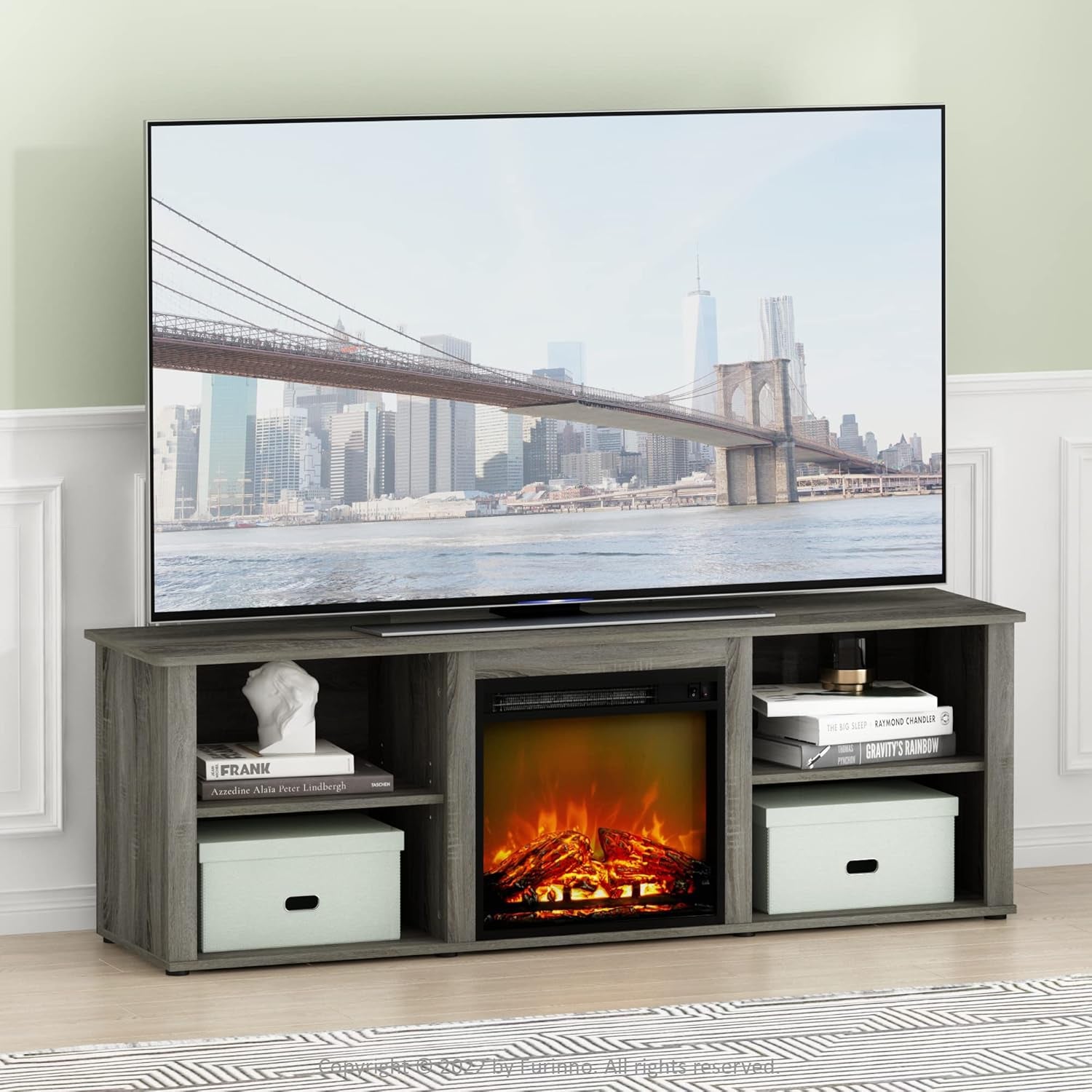 70 Inch TV Stand With Electric Fireplace In French Oak Grey-2