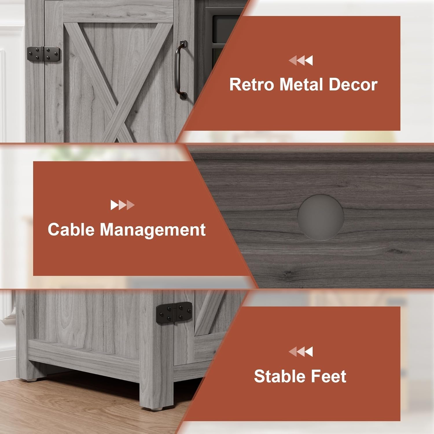 Rustic Fireplace TV Stand 65 Inch with Barn Doors Grey Wash-4