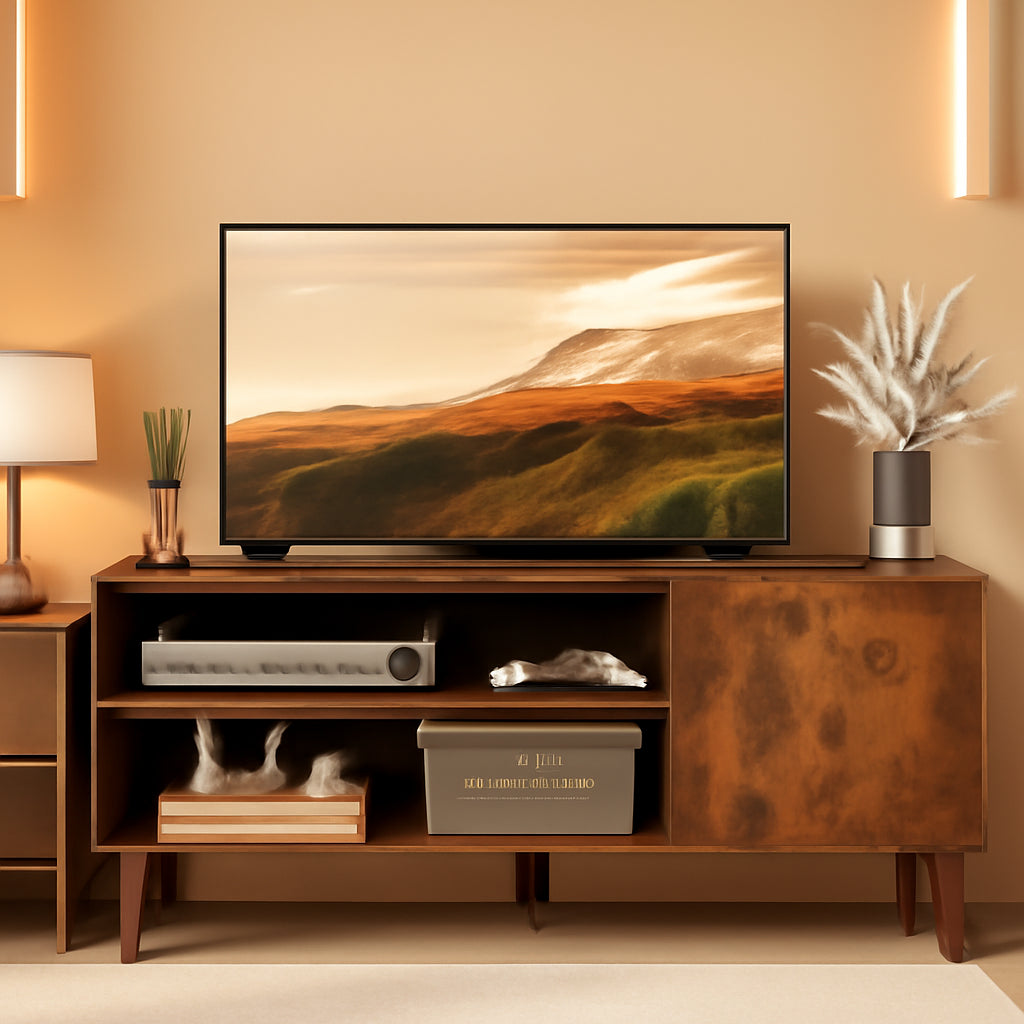 Mid Century TV Stand for 55 Inch TV Brown Wood Entertainment Center With Storage-0