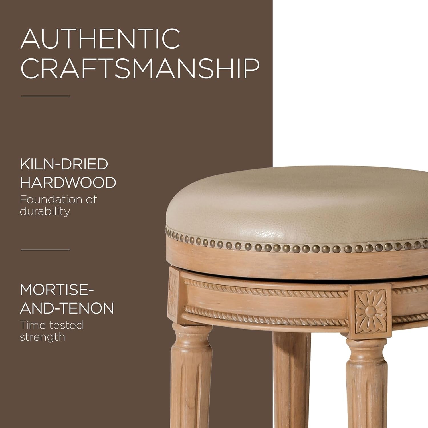 Pullman 31 Inch Tall Bar Height Upholstered Backless Barstool in Weathered Oak Finish with Avanti Brown Vegan Leather Cushion Seat-4