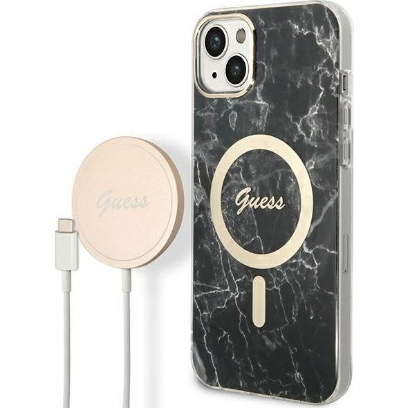 Guess Marble MagSafe Apple iPhone 14 hátlap tok, fekete + MagSafe töltő (GUE2310)-0