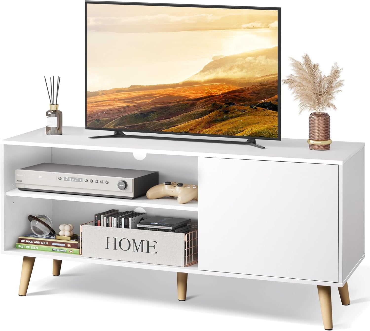 55-Inch TV Stand White Mid-Century Modern Storage Shelves-0