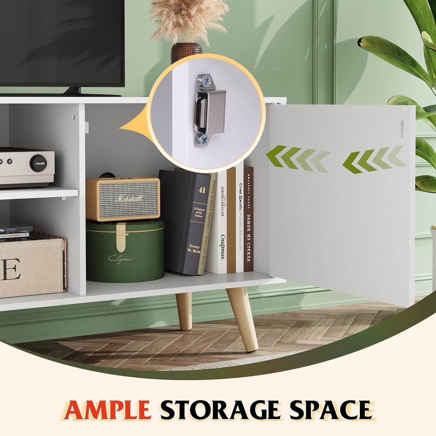 55-Inch TV Stand White Mid-Century Modern Storage Shelves-3