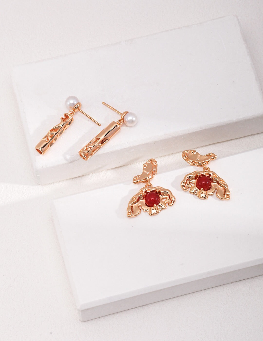 Gold Bird With Red Agate Earrings-3