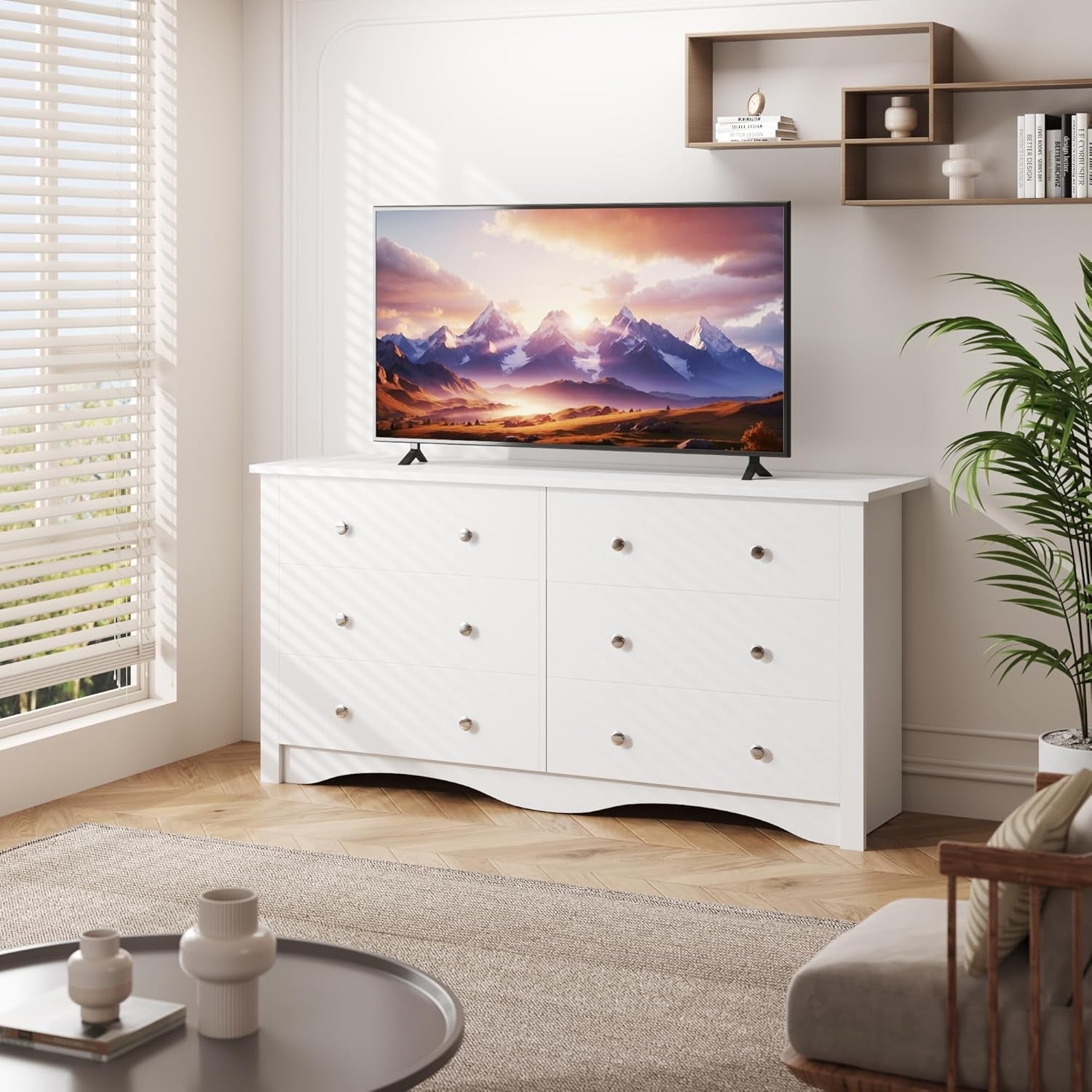 6 Drawer Dresser and TV Stand in White for 65 Inch TV-1