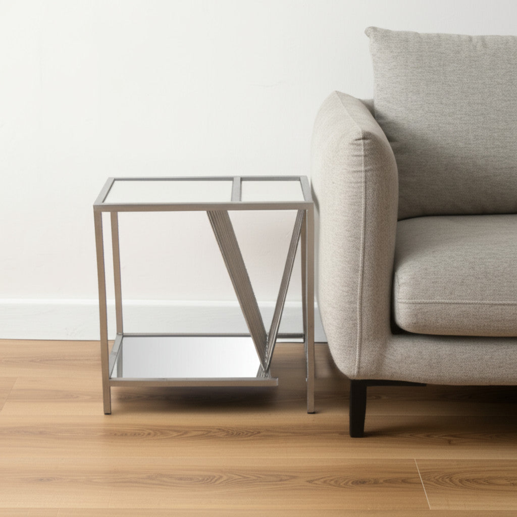 24" Silver Mirrored Glass And Iron End Table With Shelf-2