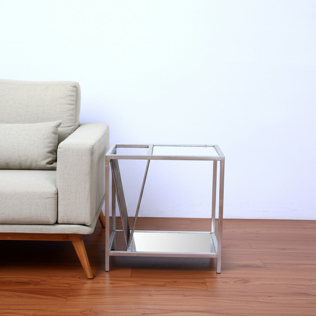 24" Silver Mirrored Glass And Iron End Table With Shelf-1