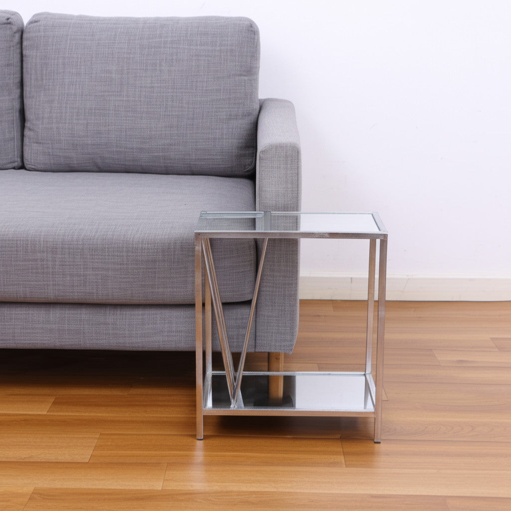 24" Silver Mirrored Glass And Iron End Table With Shelf-7