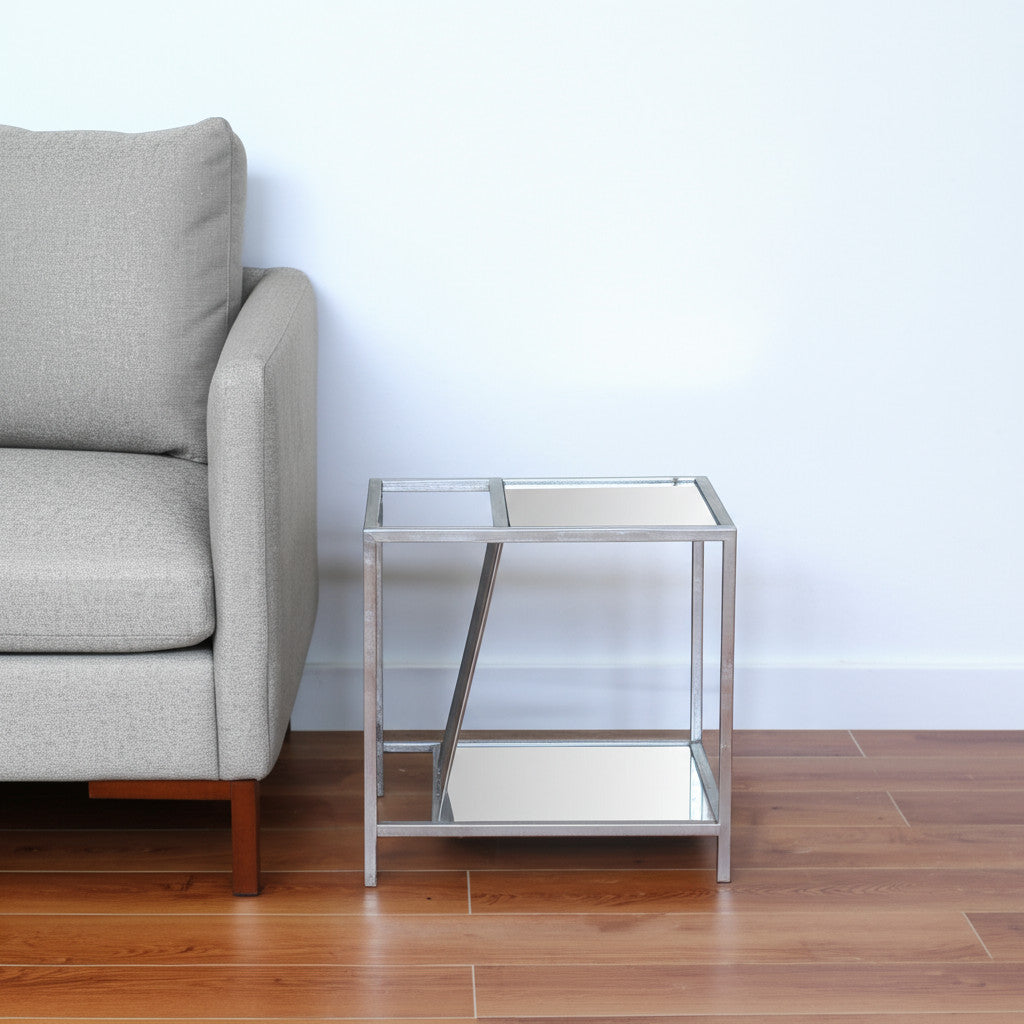 24" Silver Mirrored Glass And Iron End Table With Shelf-6