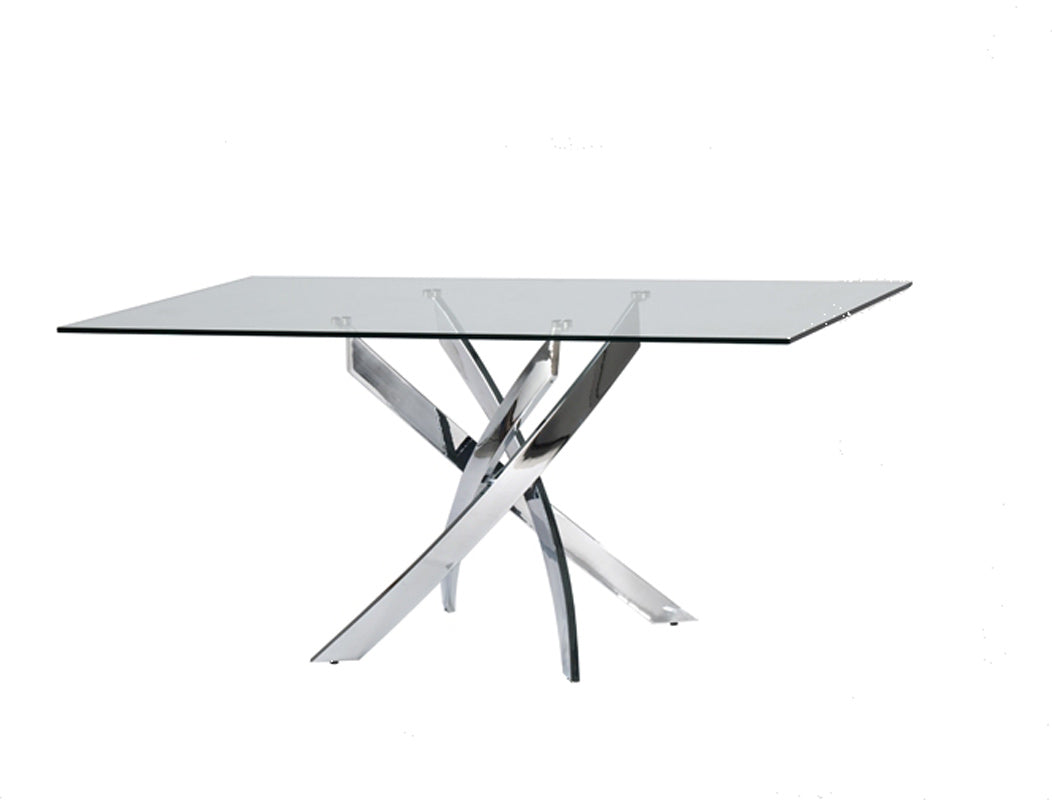 63" Clear And Silver Glass And Stainless Steel Pedestal Base Dining Table-1