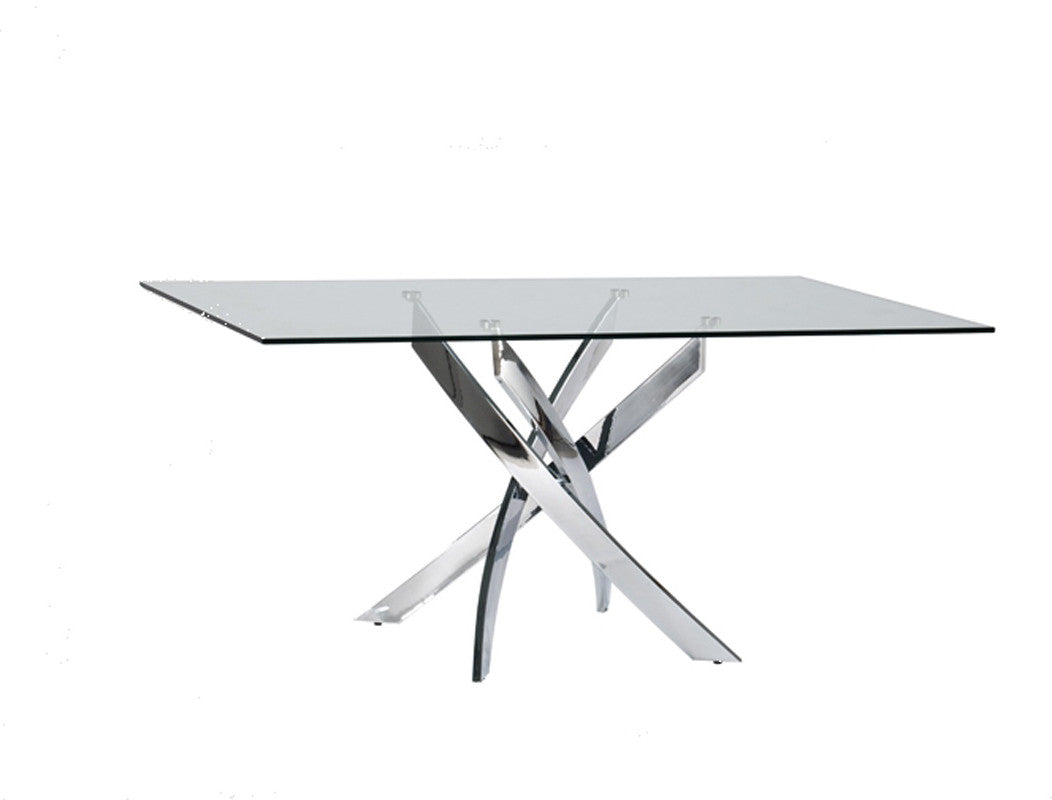 63" Clear And Silver Glass And Stainless Steel Pedestal Base Dining Table-2