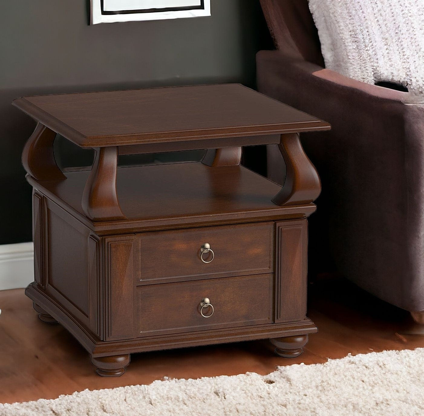 26" Brown Solid Wood Square End Table With Two Drawers And Shelf-1