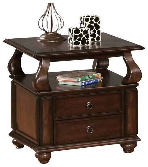 26" Brown Solid Wood Square End Table With Two Drawers And Shelf-2