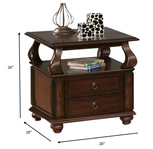 26" Brown Solid Wood Square End Table With Two Drawers And Shelf-7