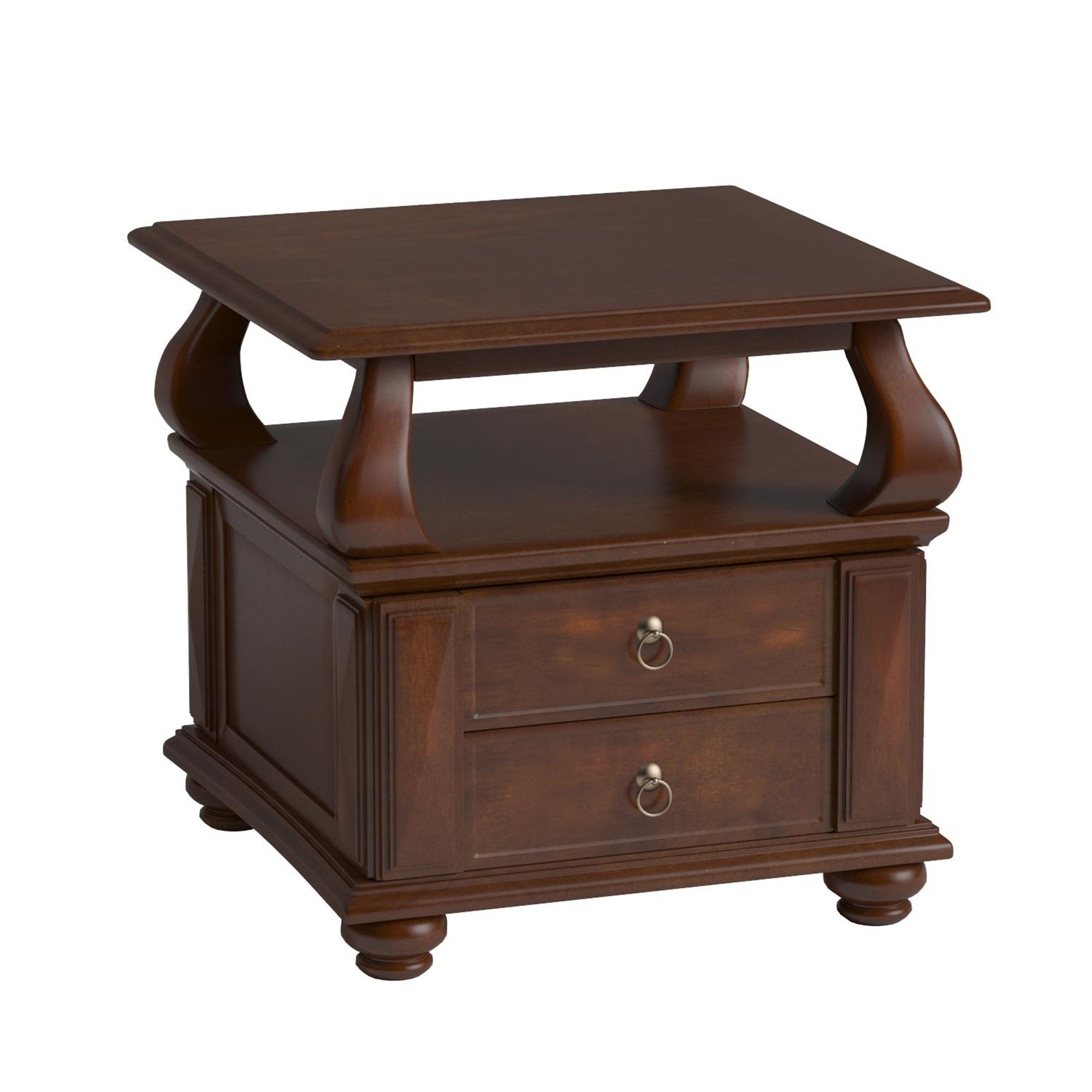26" Brown Solid Wood Square End Table With Two Drawers And Shelf-0