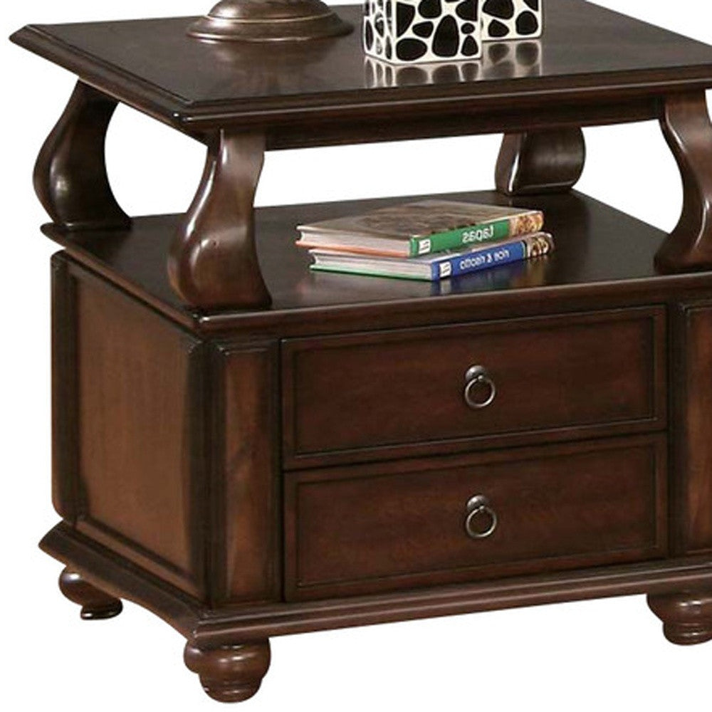 26" Brown Solid Wood Square End Table With Two Drawers And Shelf-4