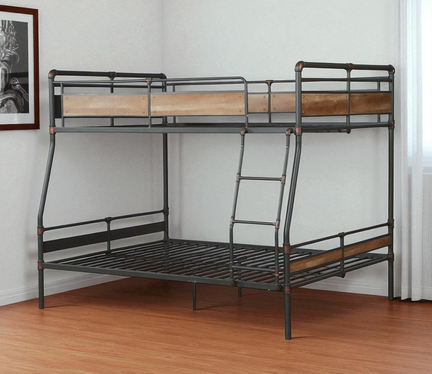 Black And Sand Full XL Over Queen Metal Bunk Bed-0
