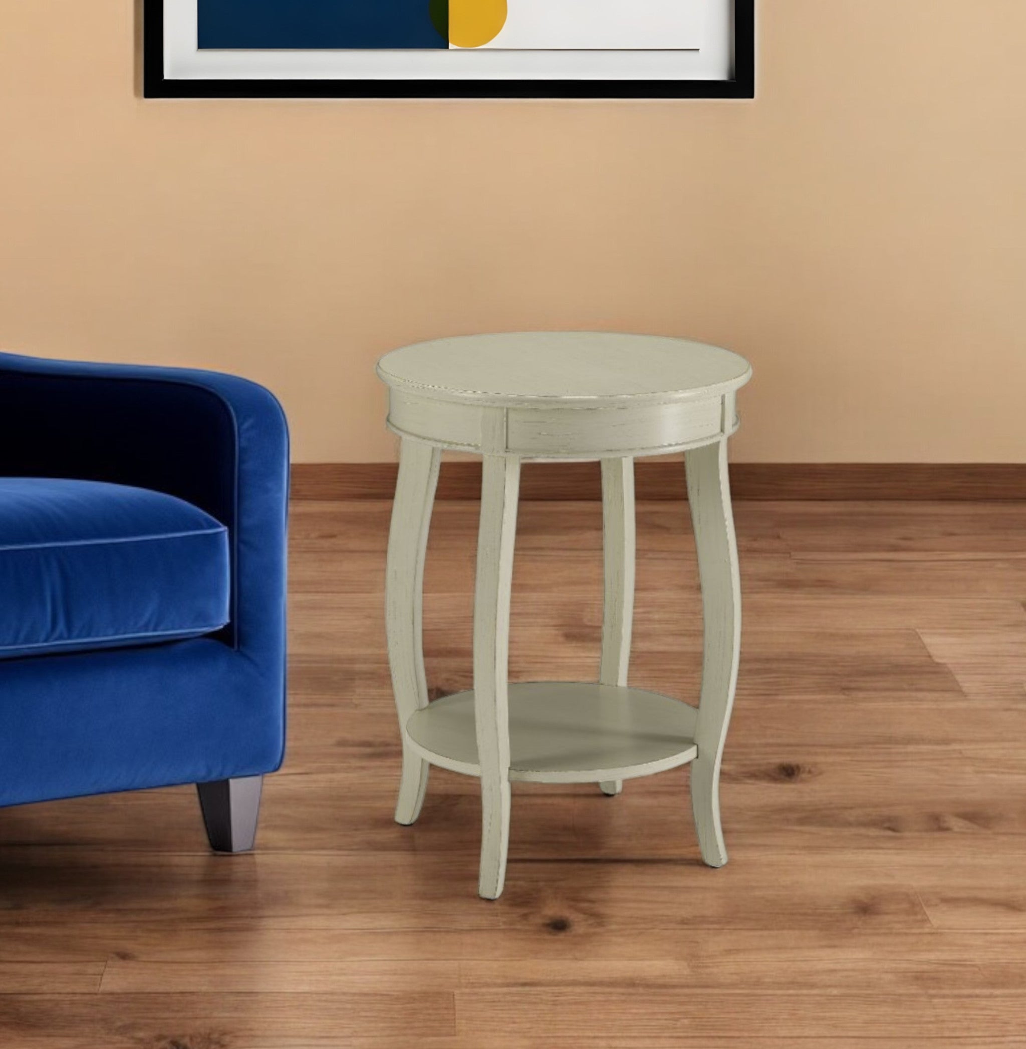 24" White Solid Wood Round End Table With Shelf-2