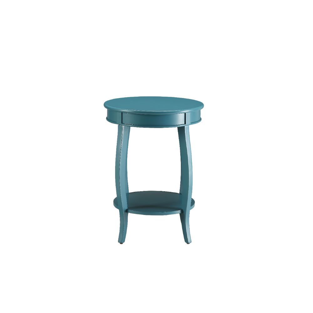 24" Teal Blue Solid Wood Round End Table With Shelf-2