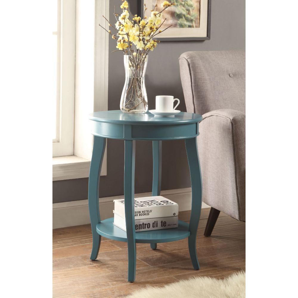 24" Teal Blue Solid Wood Round End Table With Shelf-4
