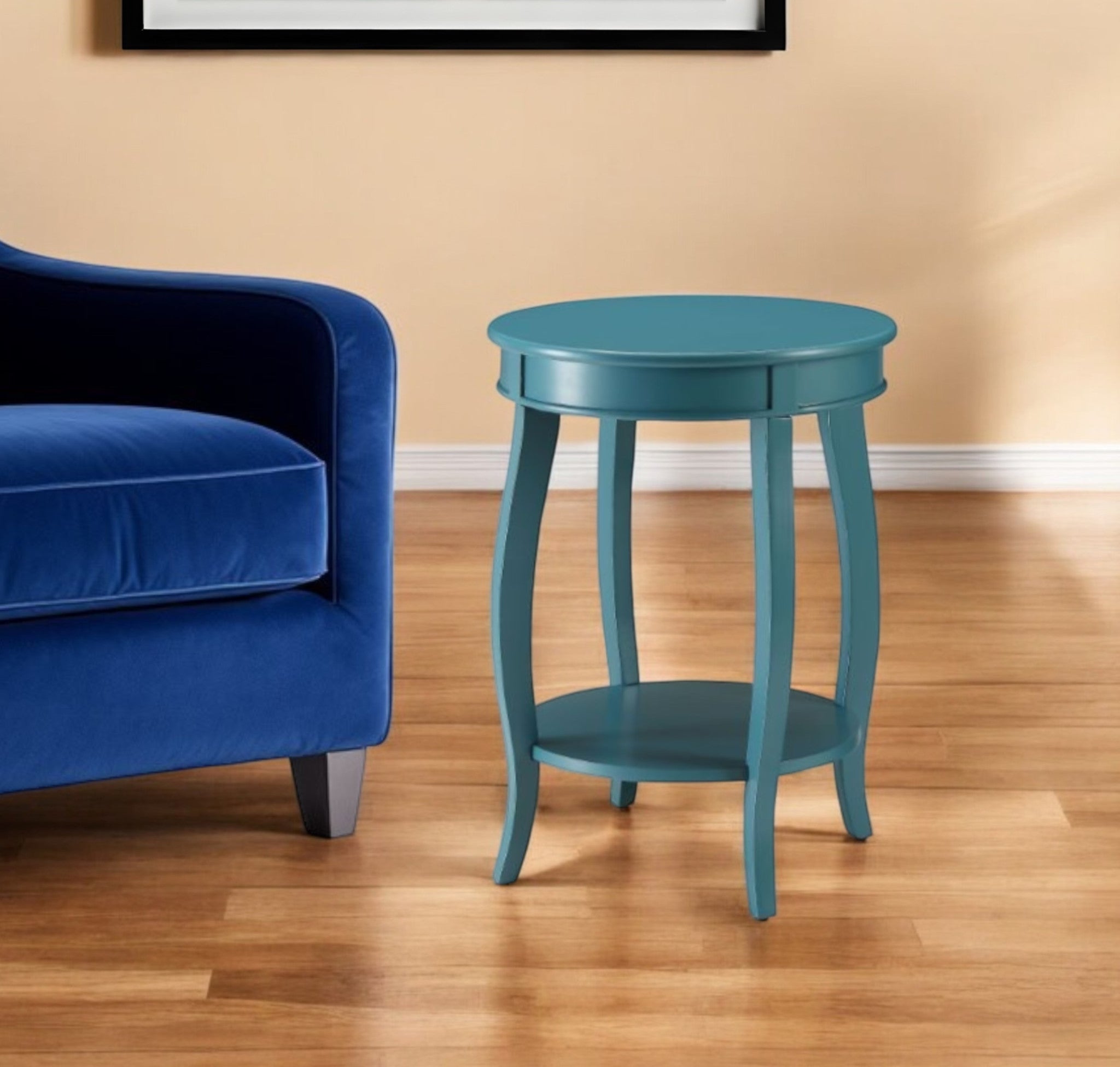 24" Teal Blue Solid Wood Round End Table With Shelf-1