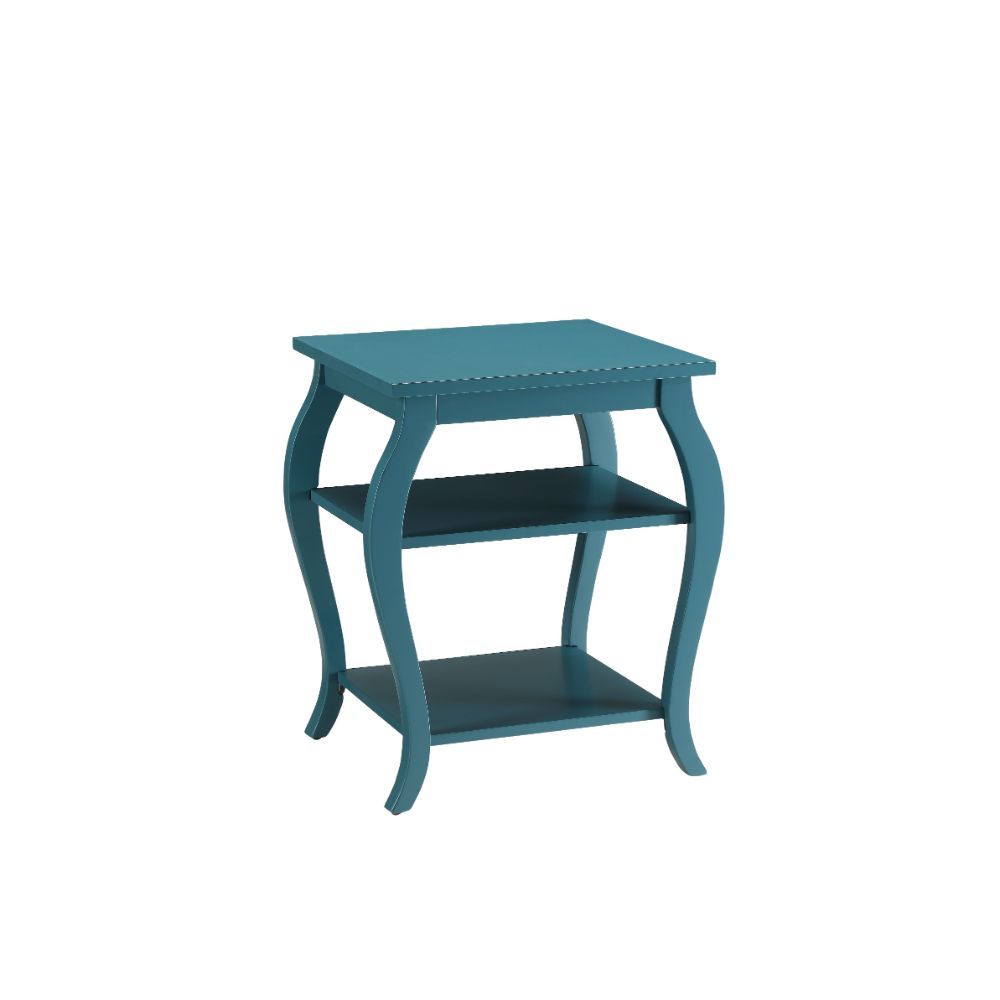 23" Teal Blue Wood Bow Leg End Table With Two Shelves-2