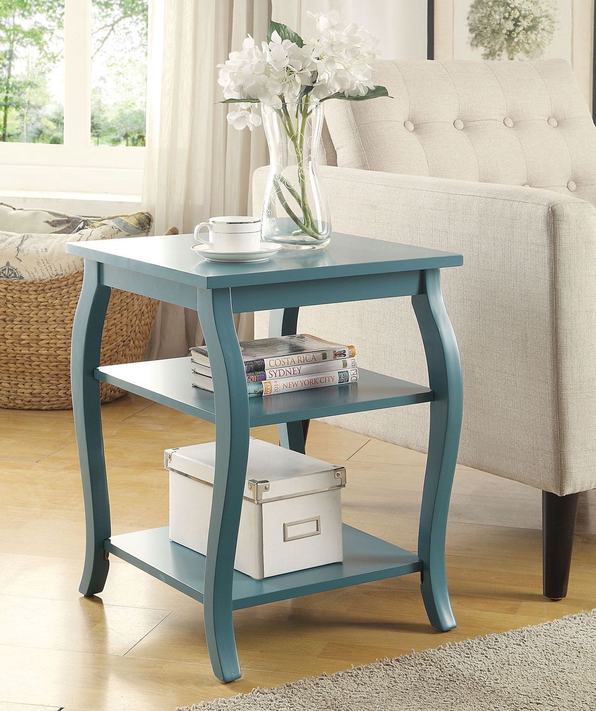 23" Teal Blue Wood Bow Leg End Table With Two Shelves-6
