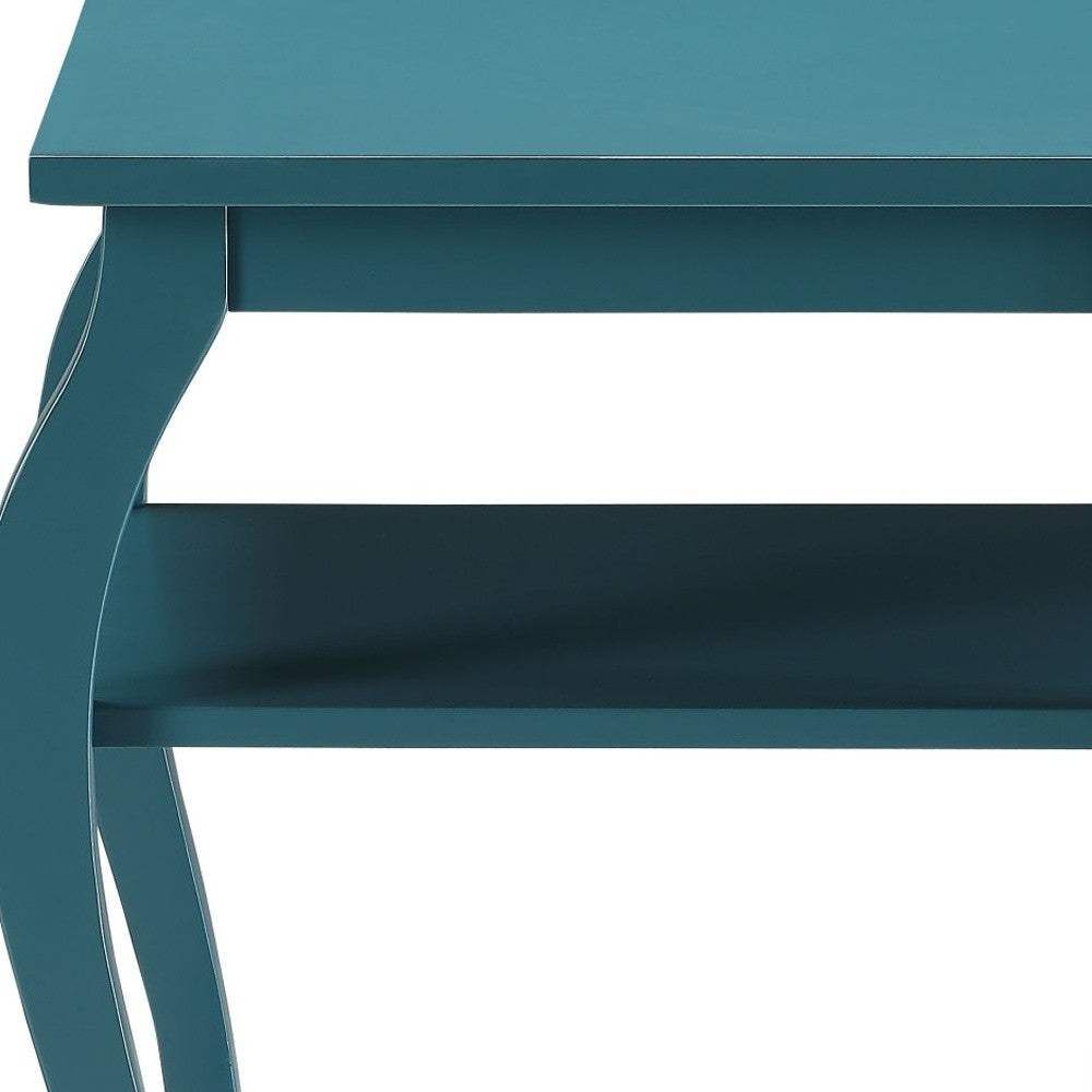 23" Teal Blue Wood Bow Leg End Table With Two Shelves-4
