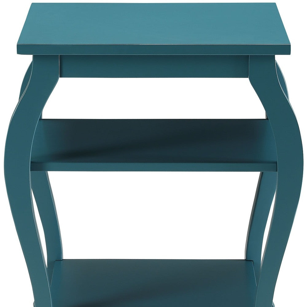 23" Teal Blue Wood Bow Leg End Table With Two Shelves-5