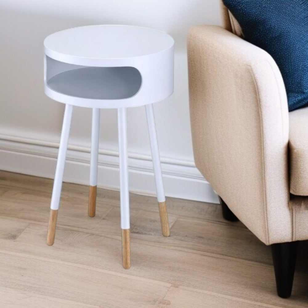 26" White and Natural Solid Wood Round End Table With Shelf-1