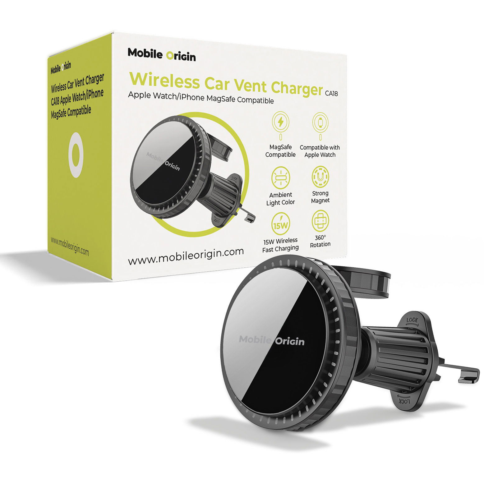 Mobile Origin Wireless Car Vent Charger CA18 Apple Watch/iPhone MagSafe Compatible (MO-WCVCH-CA18)-0