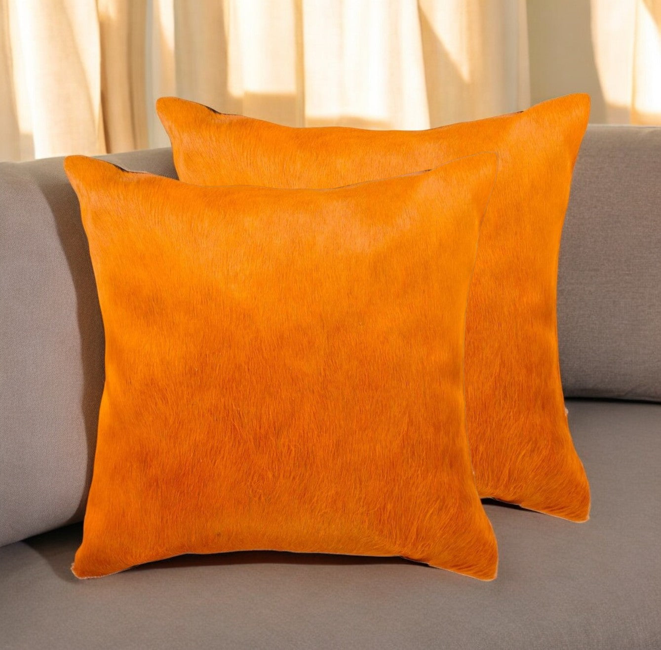 Set of Two 18" Orange Cowhide Throw Pillows-0