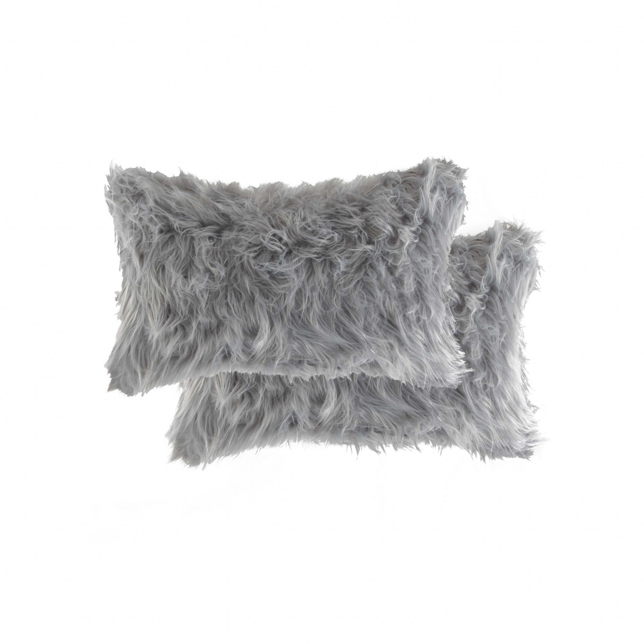 Set of Two 12" X 20" Gray Faux Fur Throw Pillows-0