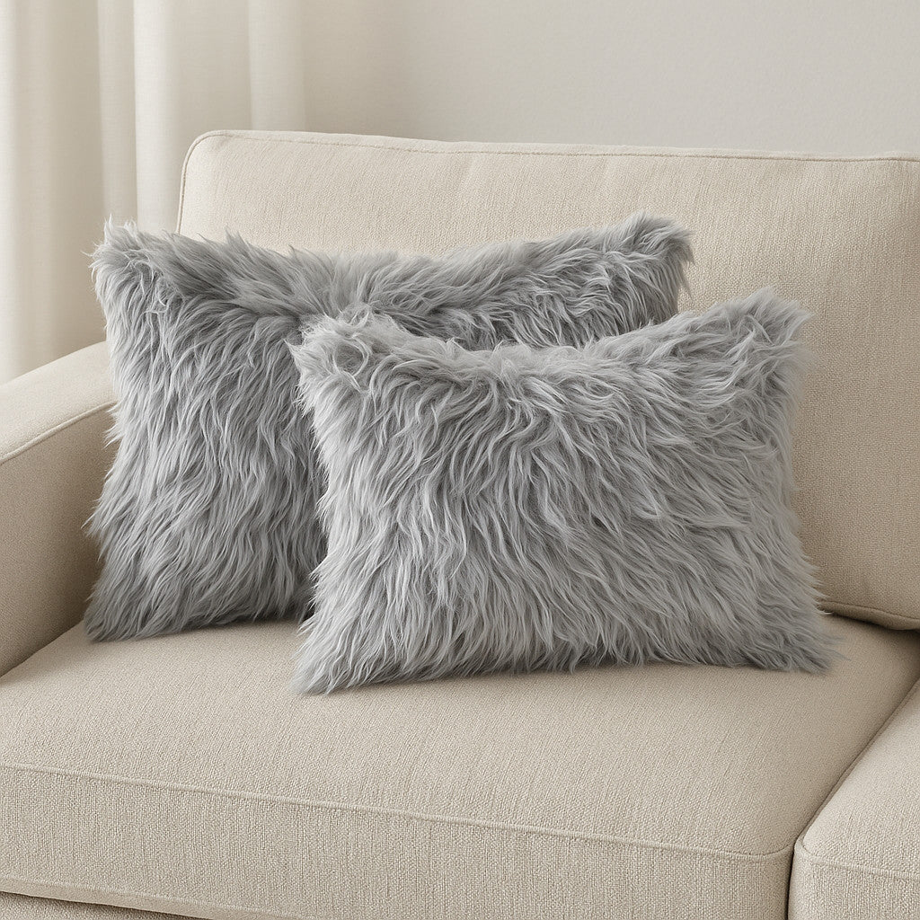 Set of Two 12" X 20" Gray Faux Fur Throw Pillows-1