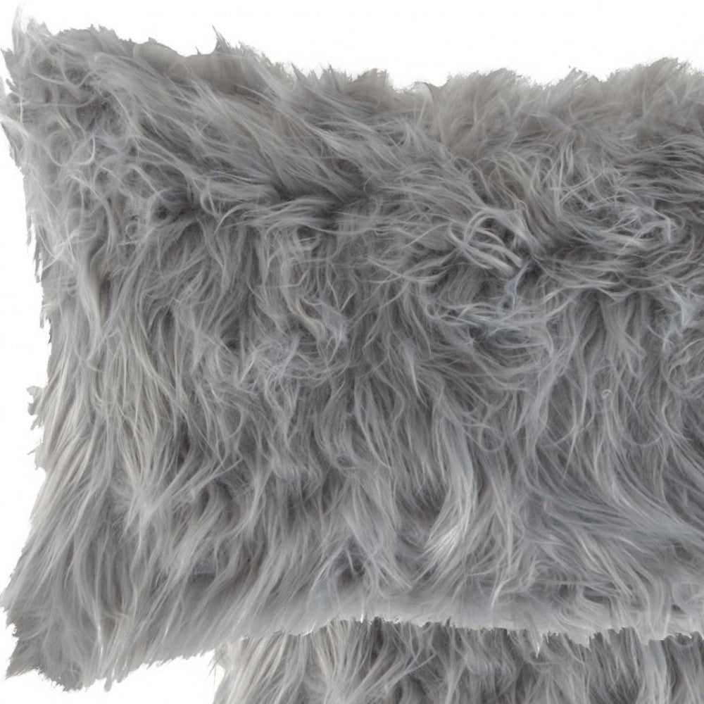 Set of Two 12" X 20" Gray Faux Fur Throw Pillows-4