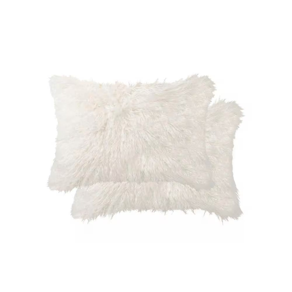 Set of Two 12" X 20" Off White Faux Fur Throw Pillow-1