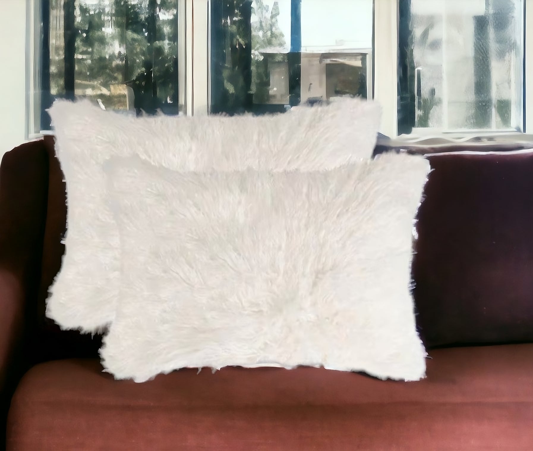 Set of Two 12" X 20" Off White Faux Fur Throw Pillow-0
