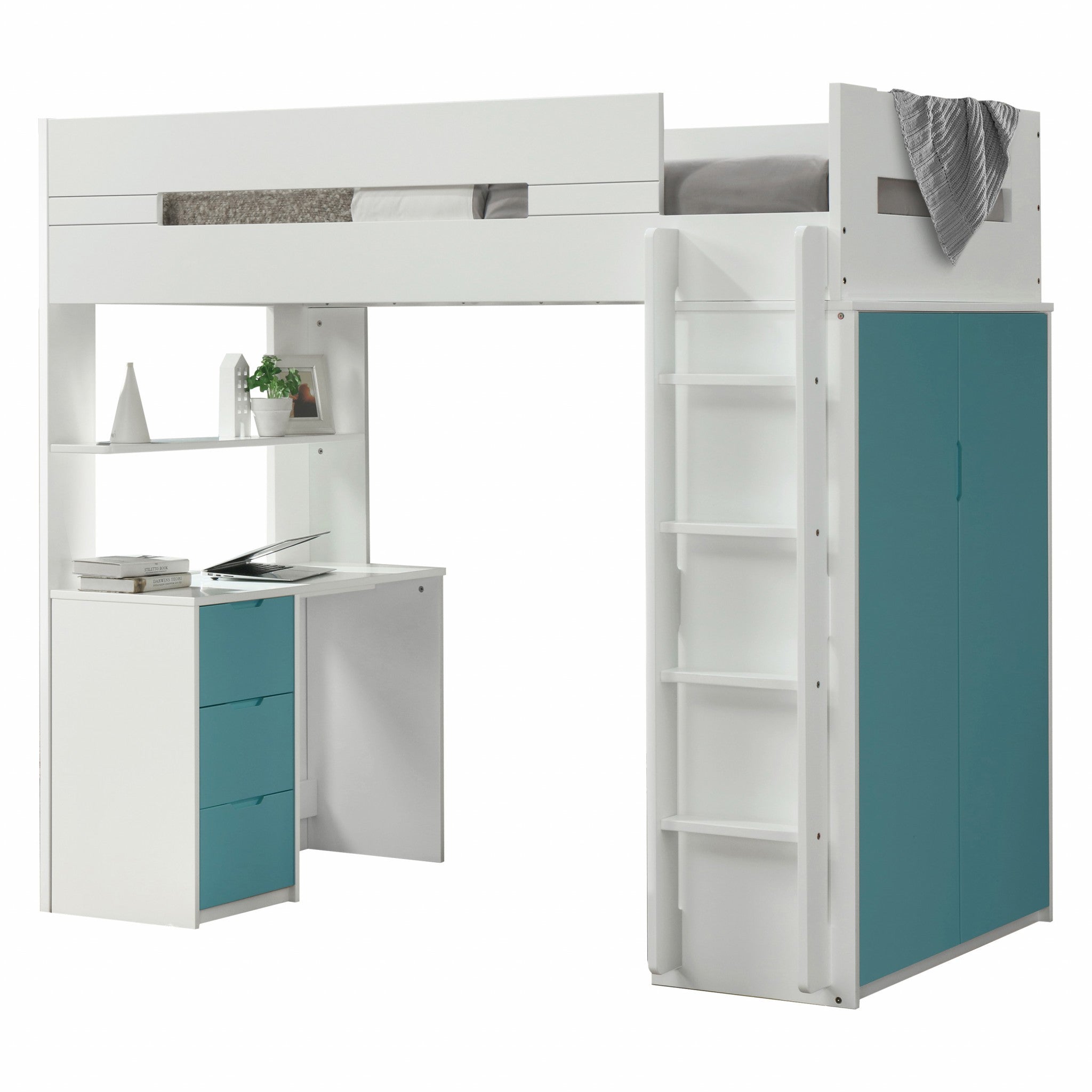 White And Teal Twin Loft Bed And Desk-0