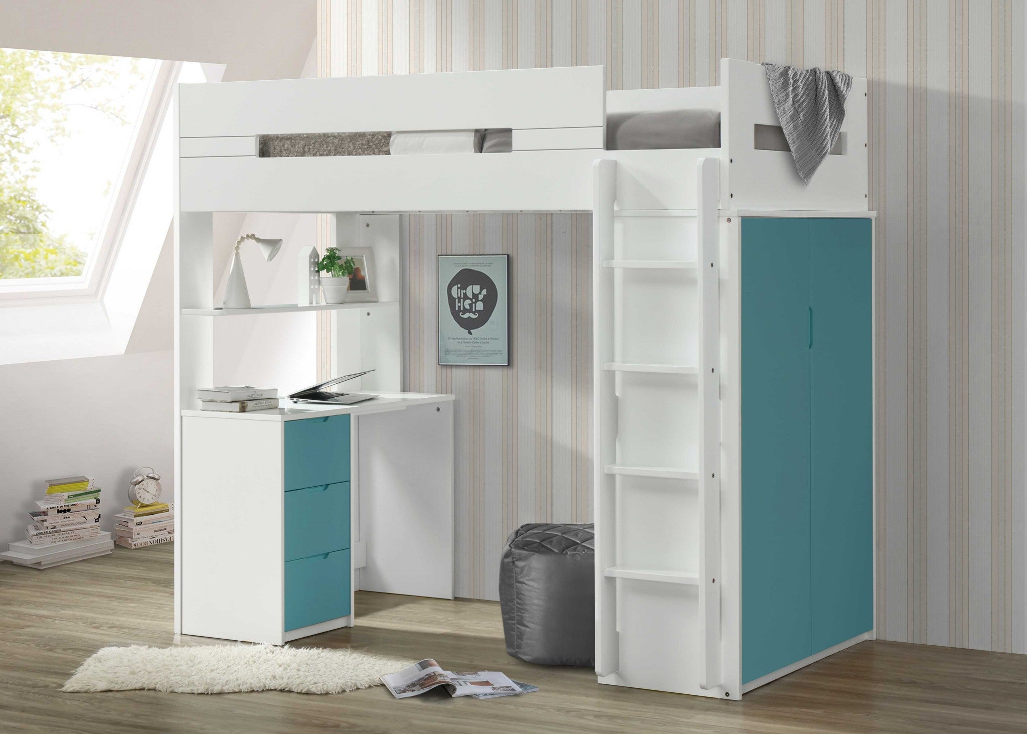 White And Teal Twin Loft Bed And Desk-3