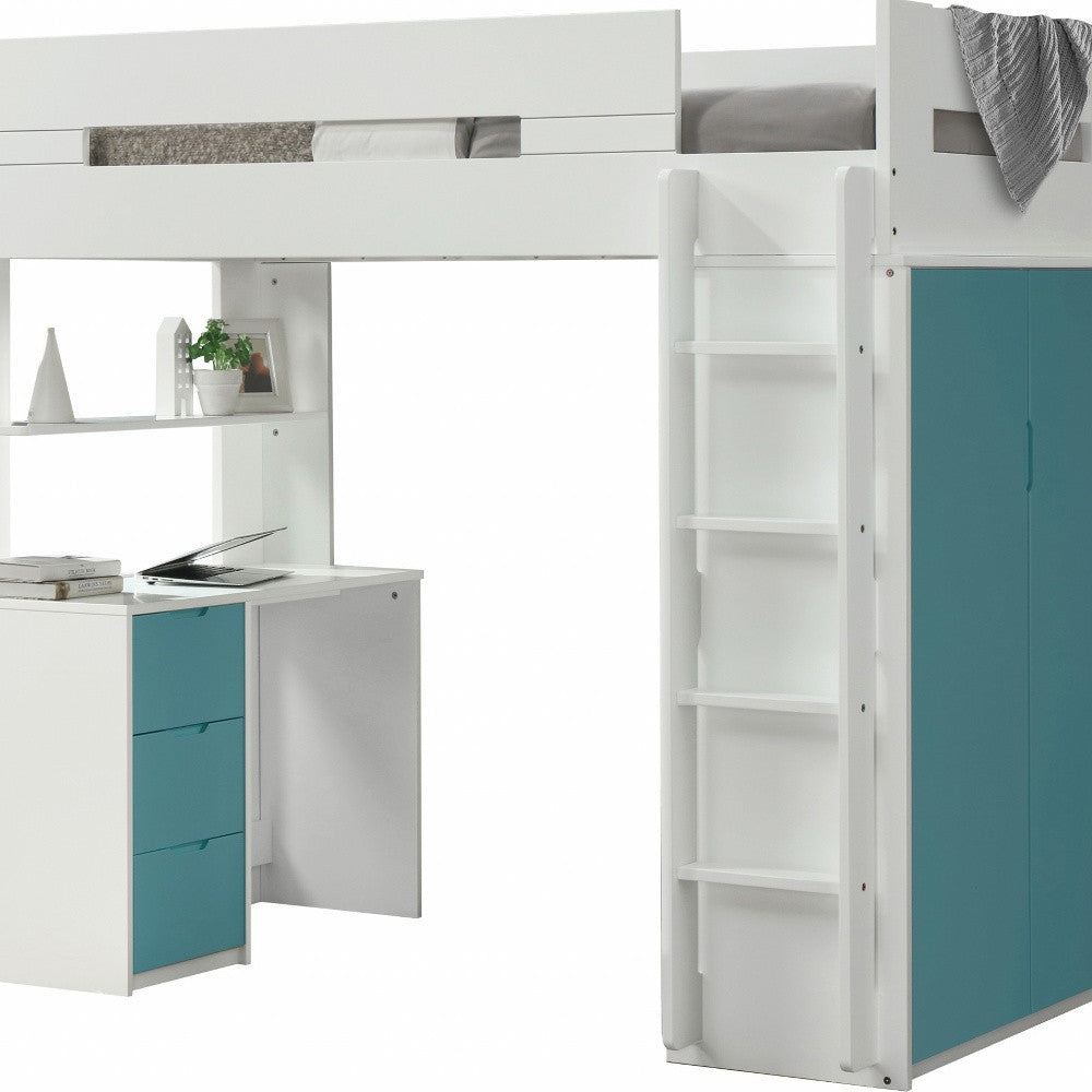 White And Teal Twin Loft Bed And Desk-2