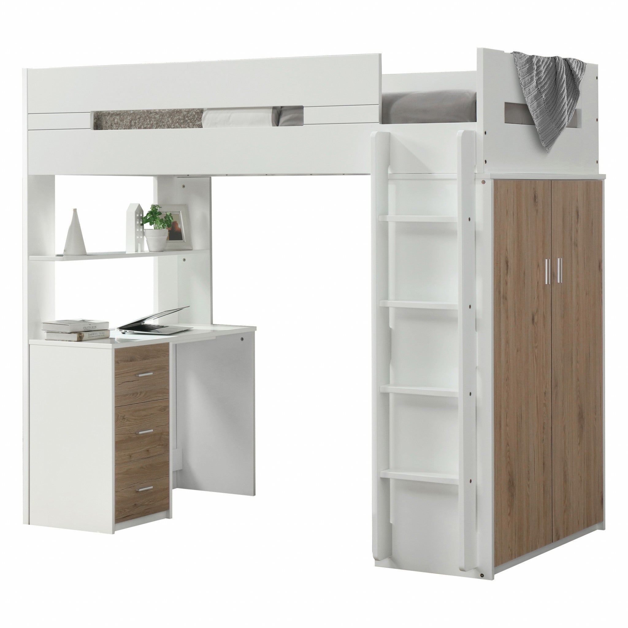 White And Natural Twin Loft Bed And Desk-0