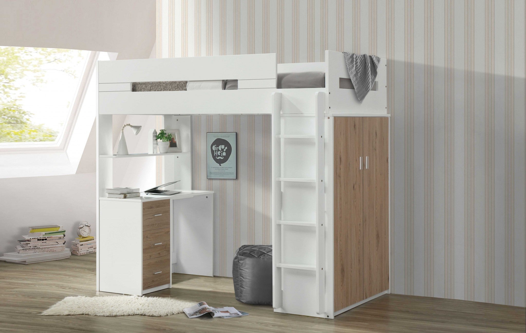 White And Natural Twin Loft Bed And Desk-3