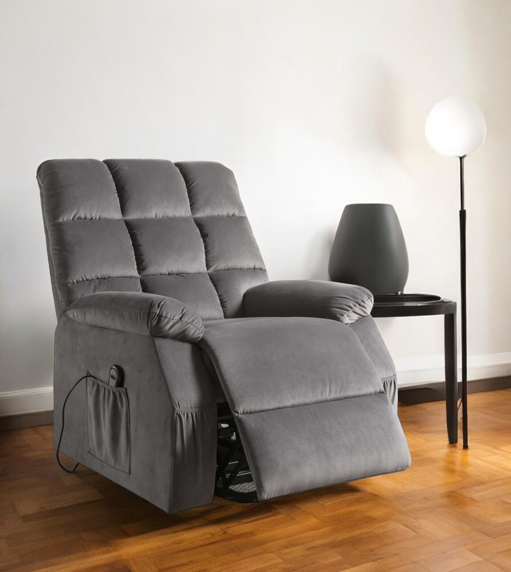 34" Gray Velvet Power Heated Massage Recliner-1