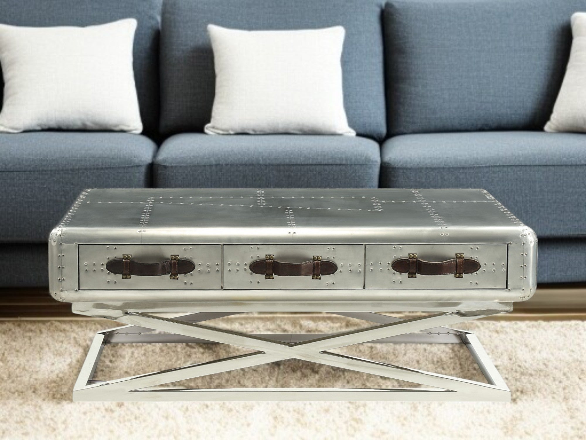 51" Silver Aluminum Trestle Coffee Table With Three Drawers-0