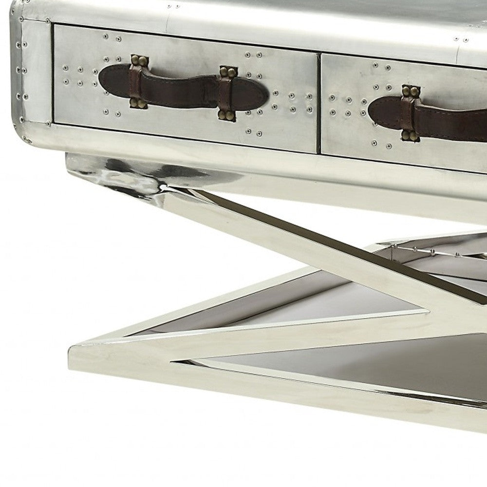 51" Silver Aluminum Trestle Coffee Table With Three Drawers-5