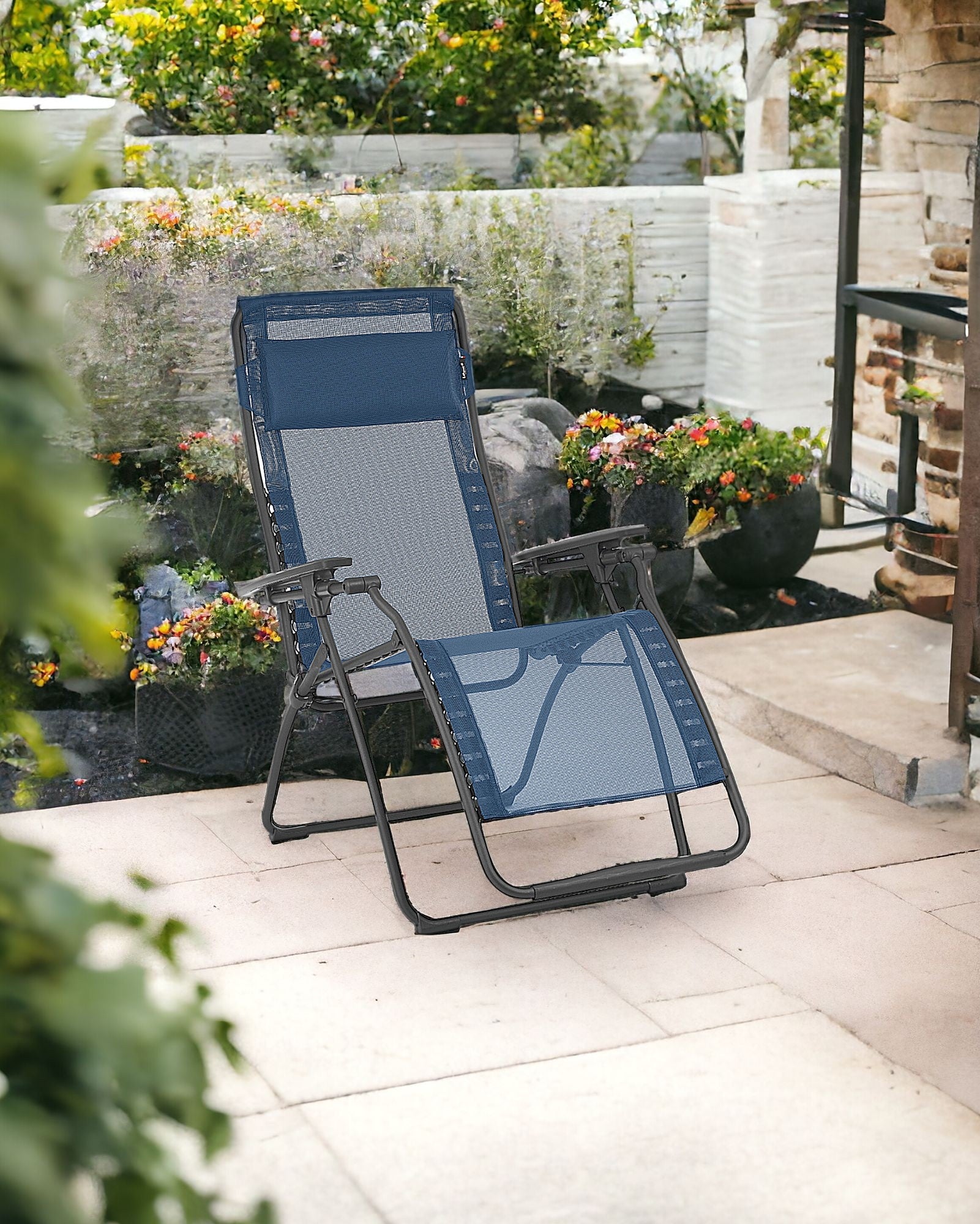 28" Blue Metal Outdoor Zero Gravity Chair with Blue Cushion-1
