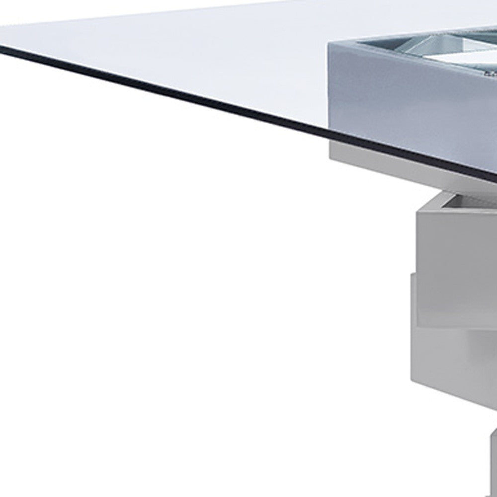 59" Clear And Gray Square Glass And Solid Wood Pedestal Base Dining Table-3