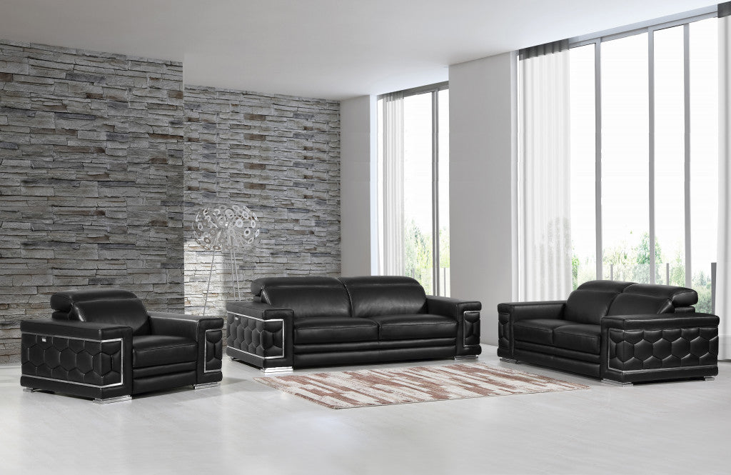 Three Piece Indoor Black Italian Leather Six Person Seating Set-8