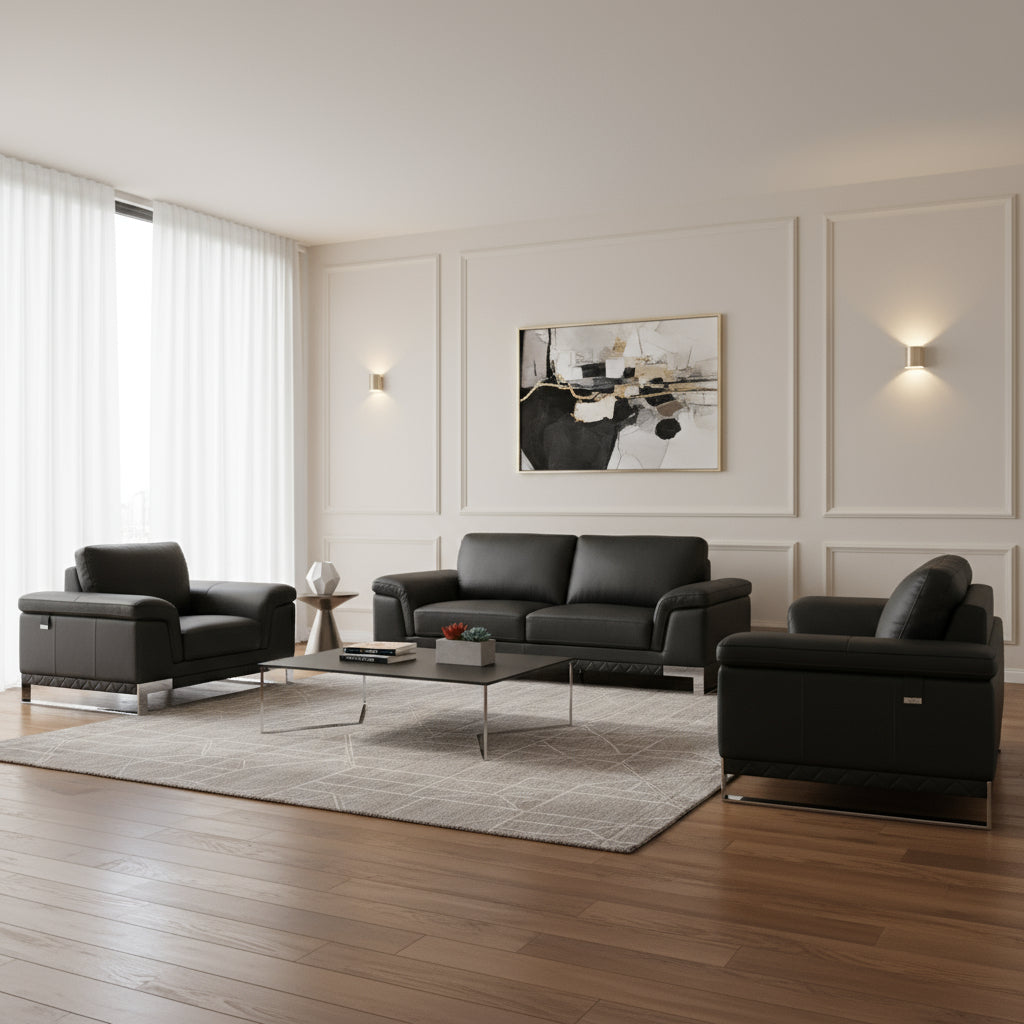 Three Piece Indoor Black Italian Leather Six Person Seating Set-0