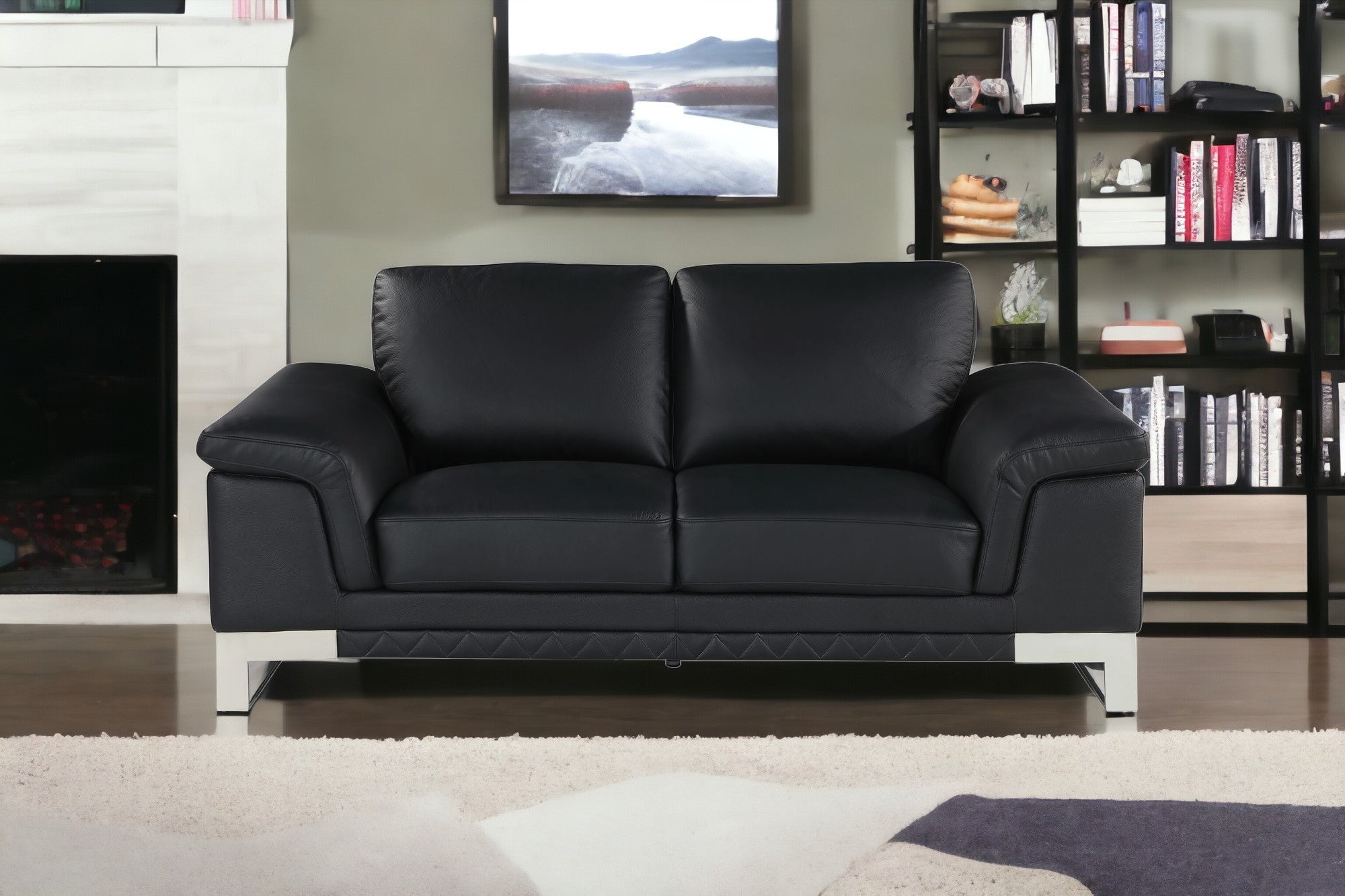 73" Black And Silver Genuine Leather Love Seat-1